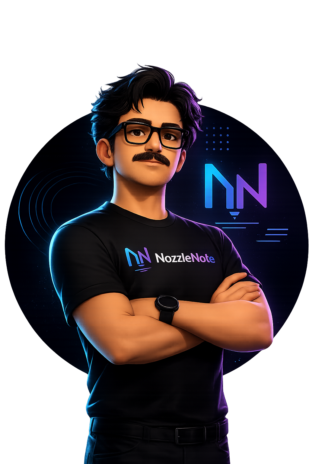 The Builder, a stylized founder character representing Pedro Luiz BMR and the build-in-public spirit behind NozzleNote.