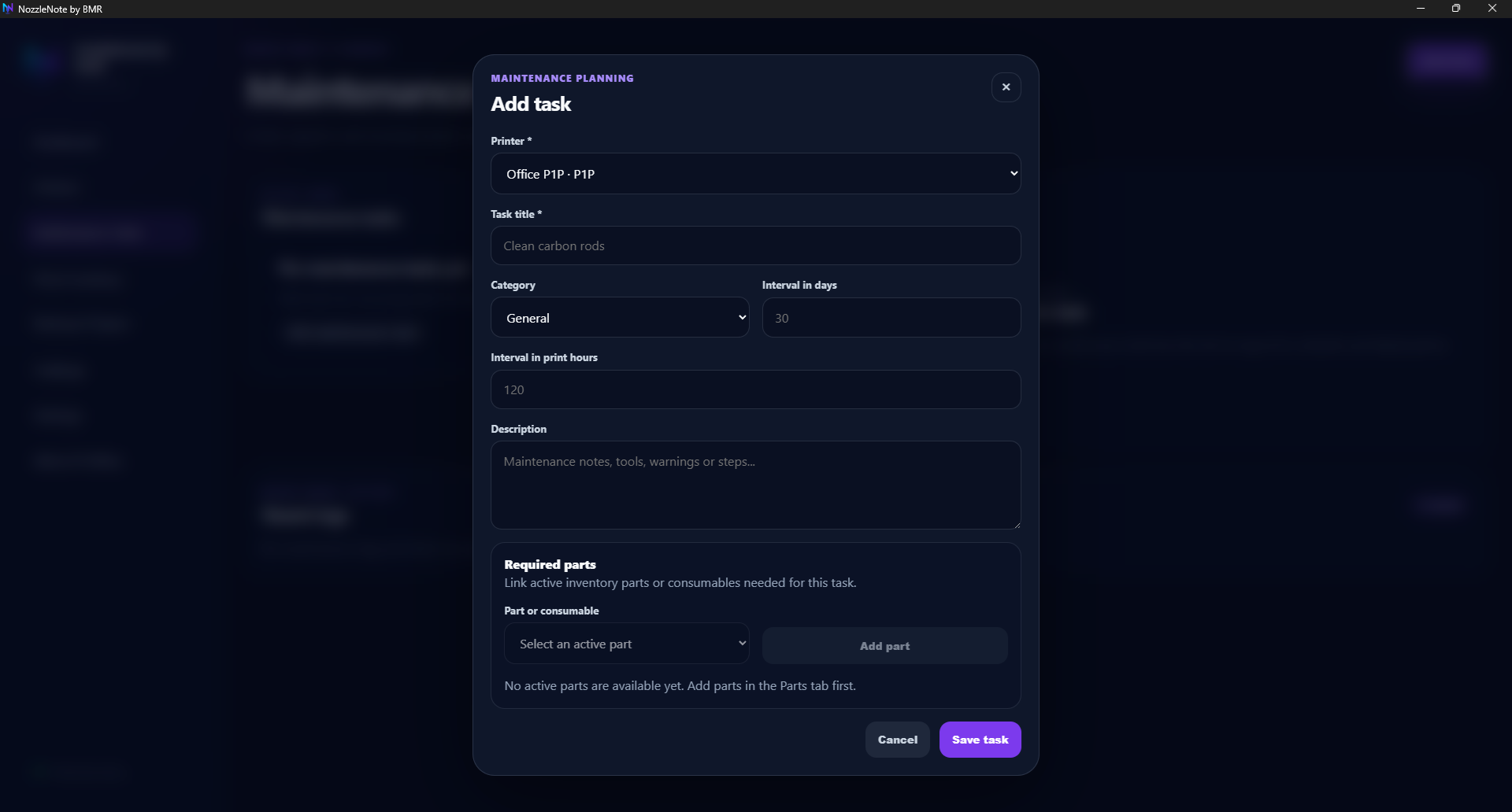 NozzleNote by BMR add task modal with maintenance interval and required parts fields.