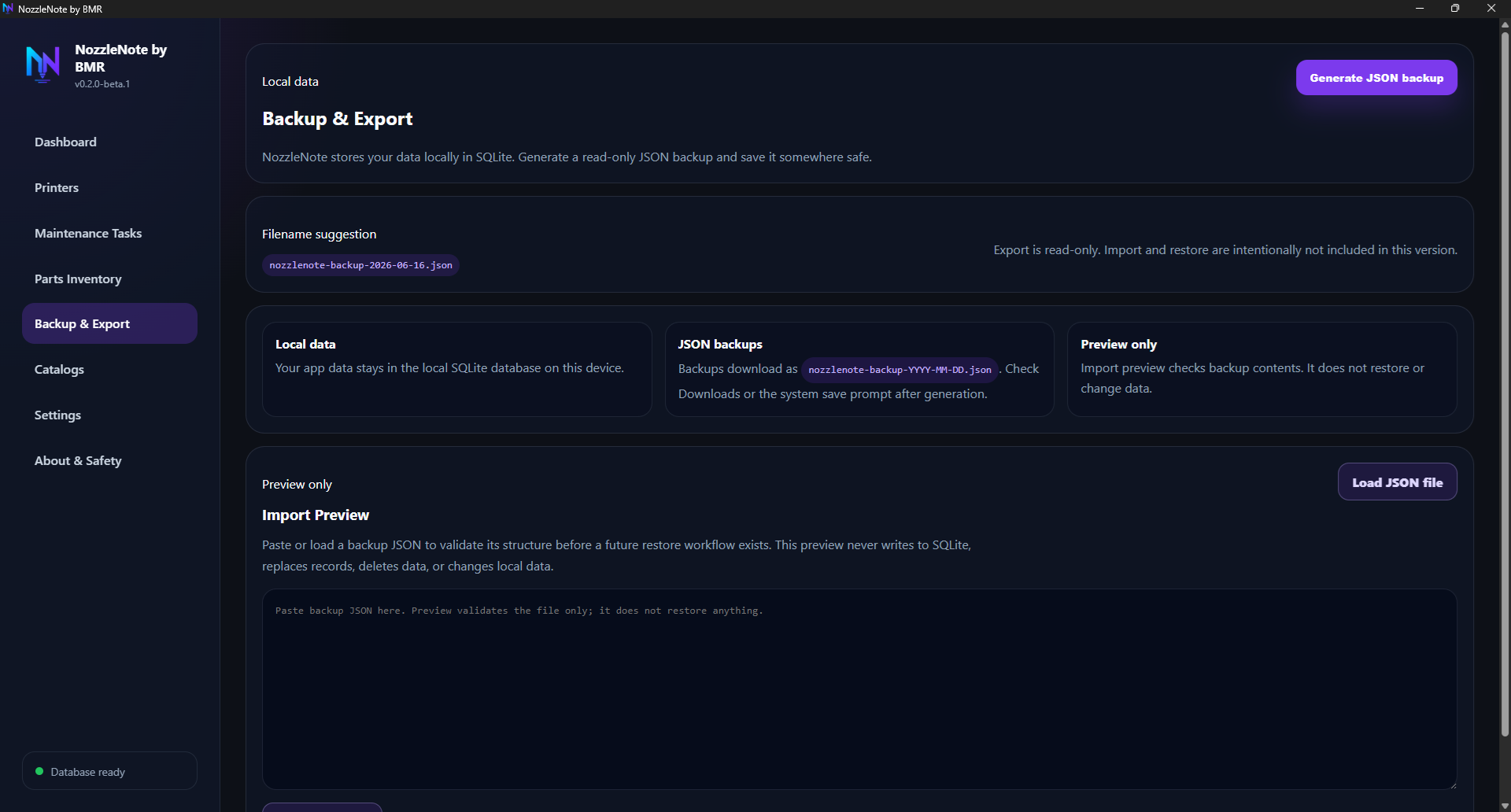 NozzleNote by BMR Backup and Export screen showing local JSON backup guidance and Import Preview.