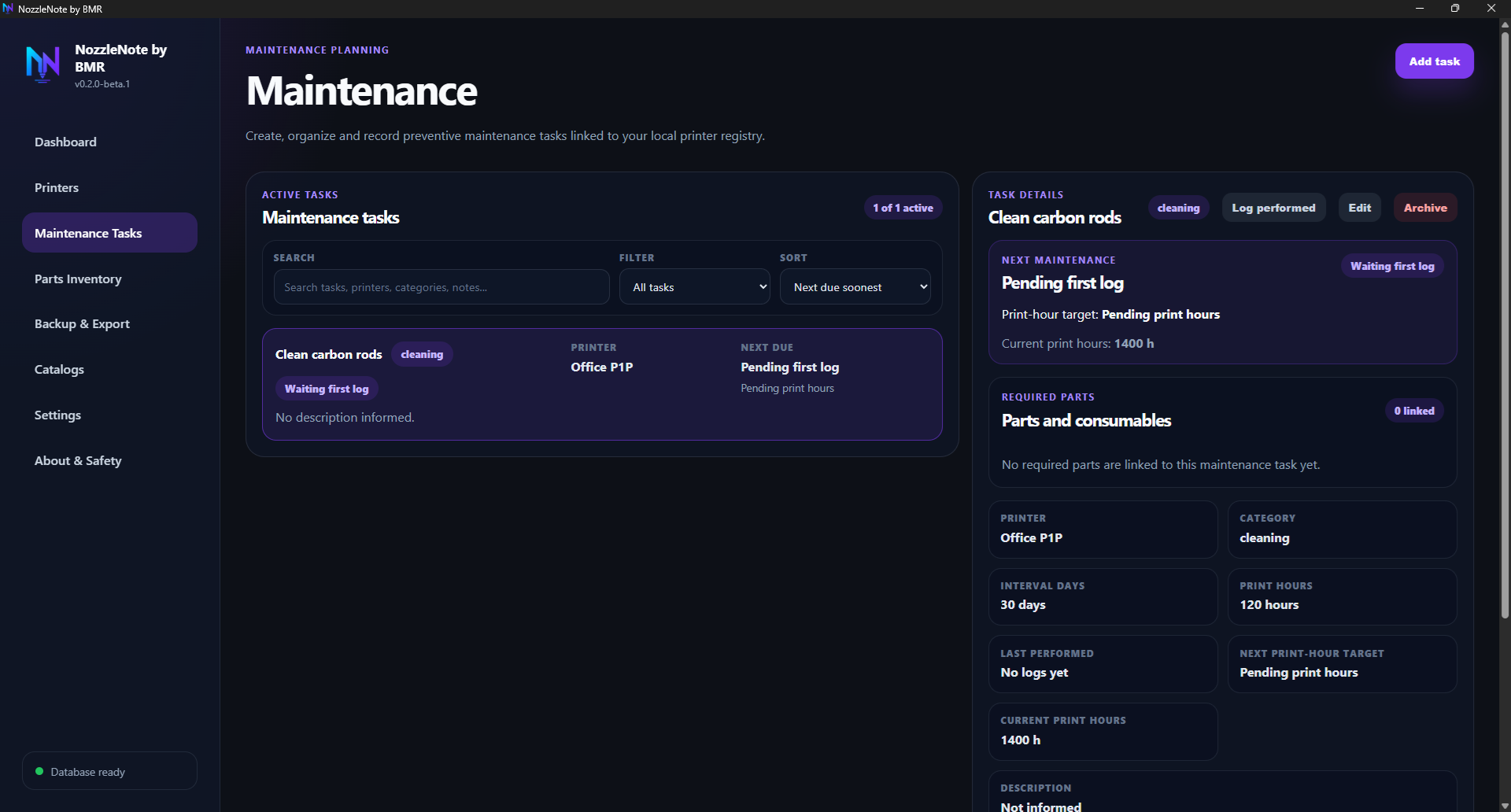 NozzleNote by BMR maintenance tasks screen showing a cleaning task linked to a printer.