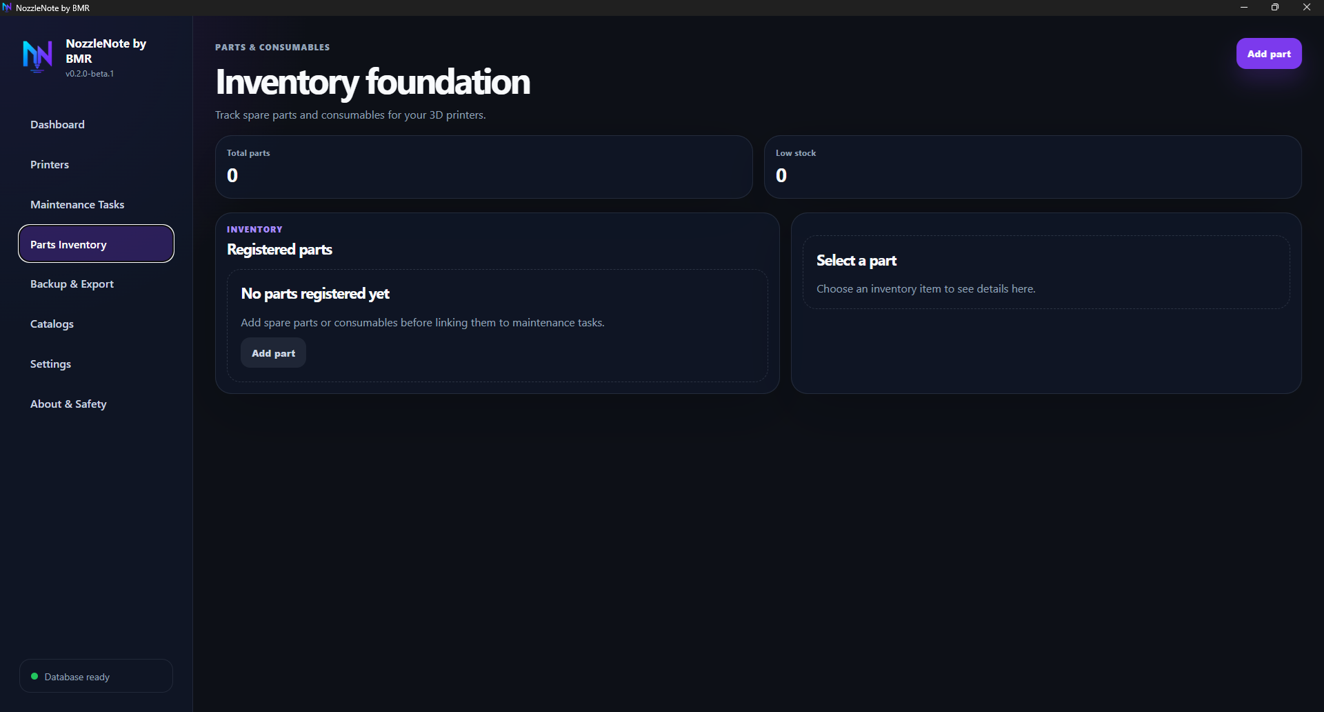NozzleNote by BMR empty parts inventory screen inviting the user to add parts.